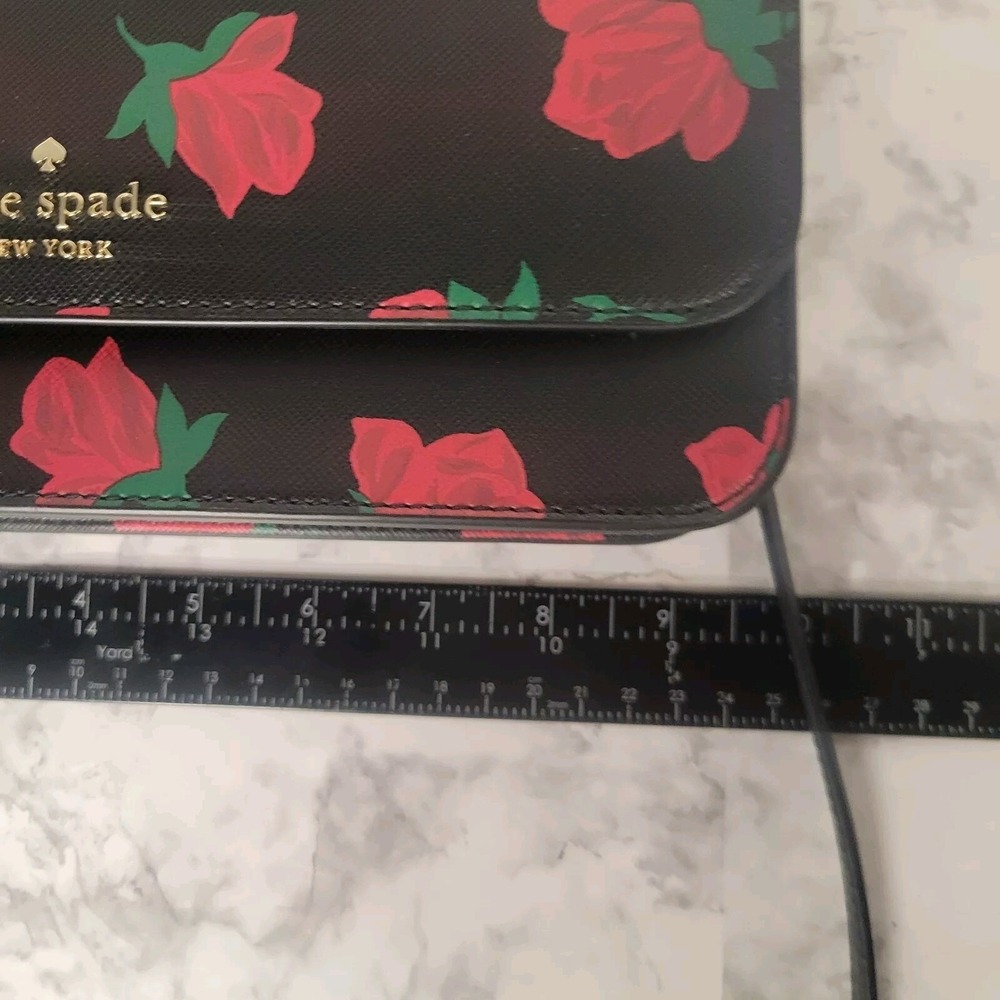 Kate Spade New York Rose Print Saffiano Leather Crossbody Bag Black Red Floral - Picture 12 of 13